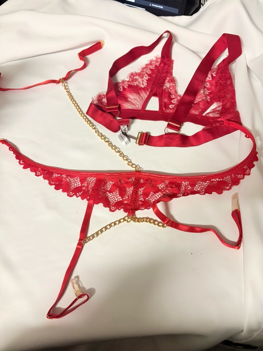 Red Lace Strappy Bralette & Garter Set with Gold Chain Accents